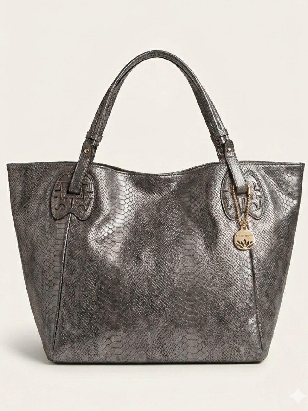 Big Buddha Large Metallic Charcoal Vegan Leather Snake-Embossed Tote Bag